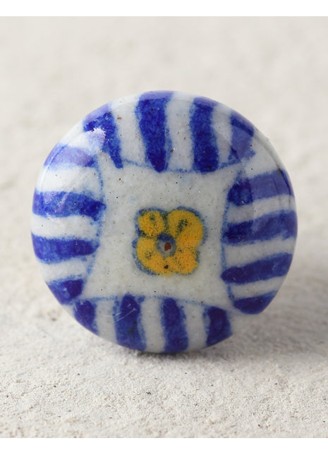 Handmade Blue Stripes On White Ceramic Dresser Cabinet Knob