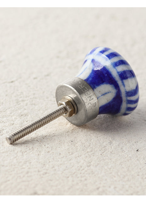 Handmade Blue Stripes On White Ceramic Dresser Cabinet Knob