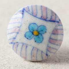 Pink Stripes On White Ceramic Blue Pottery Dresser Cabinet Knob