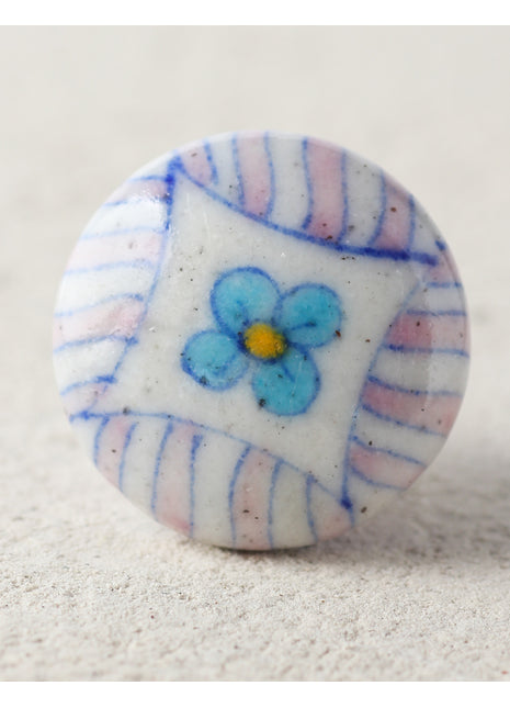 Pink Stripes On White Ceramic Blue Pottery Dresser Cabinet Knob