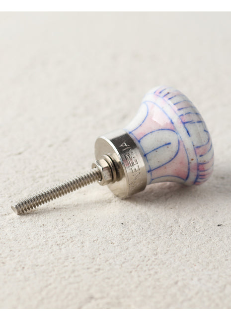 Pink Stripes On White Ceramic Blue Pottery Dresser Cabinet Knob