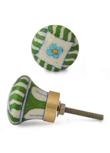 Elegant Green Stripes On White Ceramic Blue Pottery Door Knob