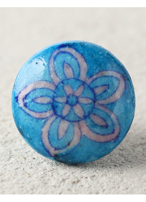 Stylish Turquoise Ceramic Blue Pottery Drawer Knob With White Flower
