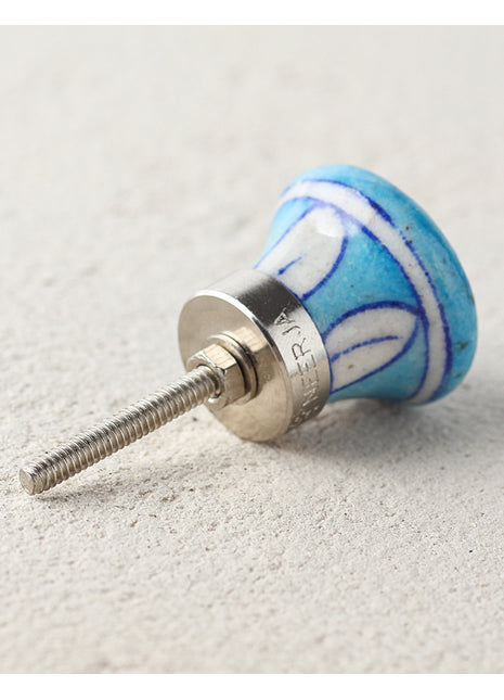 Stylish Turquoise Ceramic Blue Pottery Drawer Knob With White Flower