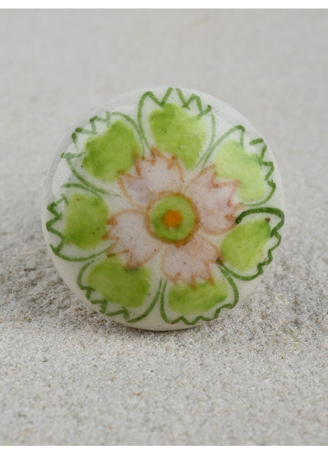 White Ceramic Blue Pottery Drawer Knob With Green Flower