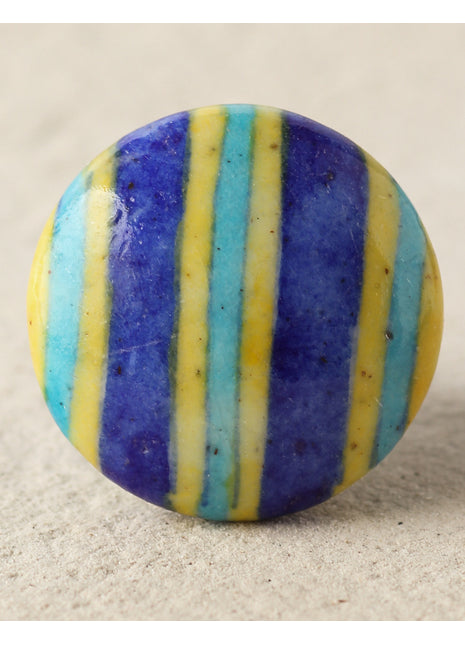 Blue, Turquoise And Yellow Stripes Ceramic Blue Pottery Door Knob