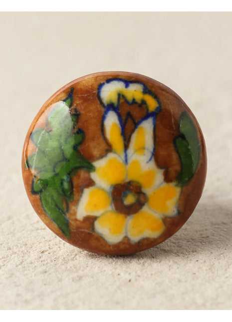 Handmade Yellow Flower On Brown Ceramic Blue Pottery Drawer Knob
