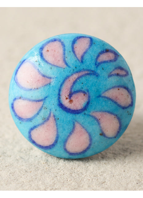 Handmade Turquoise Ceramic Blue Pottery Door Knob With Pink Flower