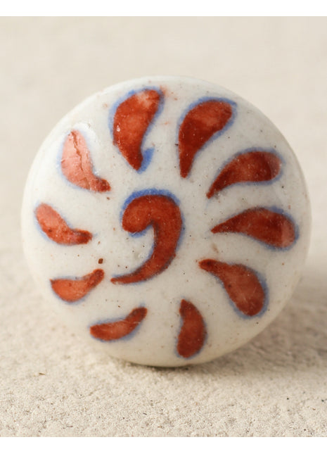 Handmade White Ceramic Blue Pottery Drawer Knob With Red Flower