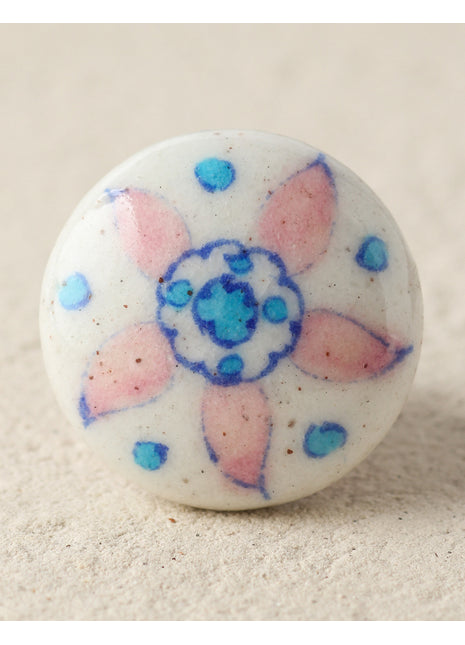 Designer White Kitchen Cabinet Knob With Pink And Turquoise Print