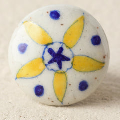 Stylish White Ceramic Blue Pottery Drawer Knob With Yellow Flower