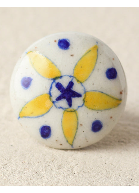 Stylish White Ceramic Blue Pottery Drawer Knob With Yellow Flower