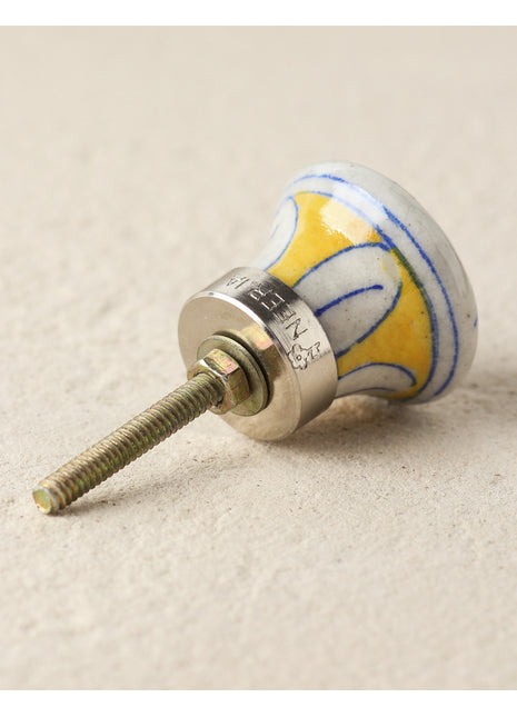 Stylish White Ceramic Blue Pottery Drawer Knob With Yellow Flower