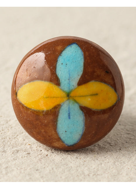 Stylish Brown Dresser Cabinet Knob With Yellow And Turquoise Petals