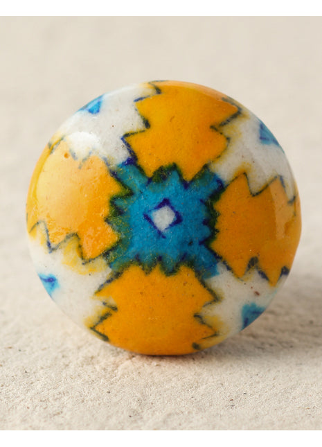 Well Designed White Ceramic Blue Pottery Door Knob With Yellow And Turquoise Print