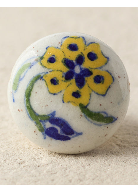 Elegant White Dresser Cabinet Knob With Yellow And Blue Flower