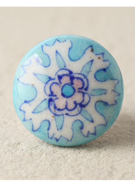 Turquoise Ceramic Handmade Dresser Cabinet Knob With White Flower