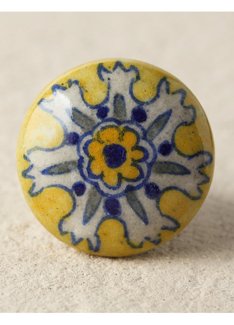 Handmade White And Blue Flower On Yellow Base Dresser Cabinet Knob