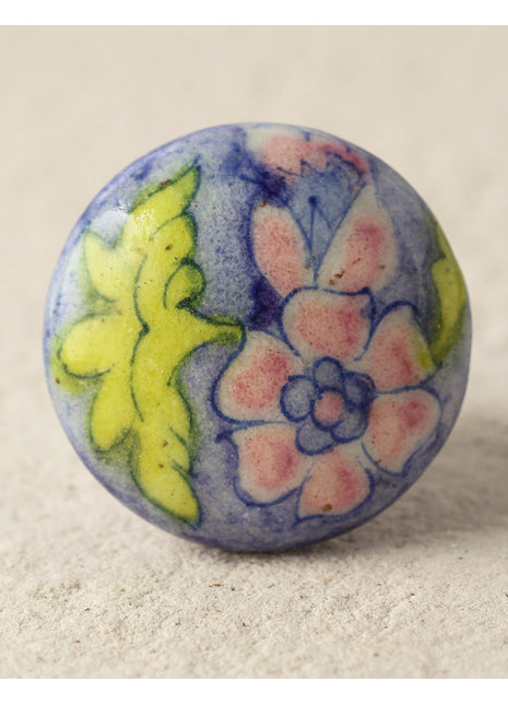 Purple Ceramic Blue Pottery Knob With Pink And Light Green Floral Print