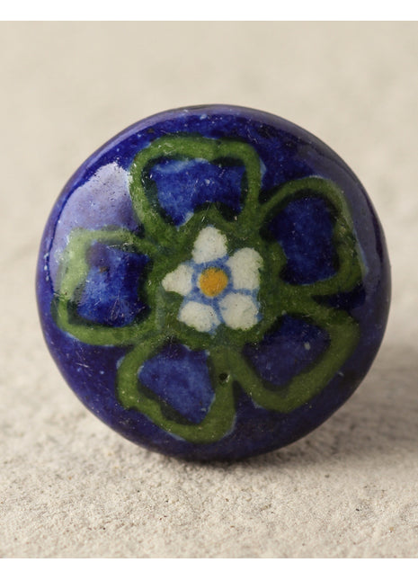Designer Blue Ceramic Blue Pottery Knob With Green Flower