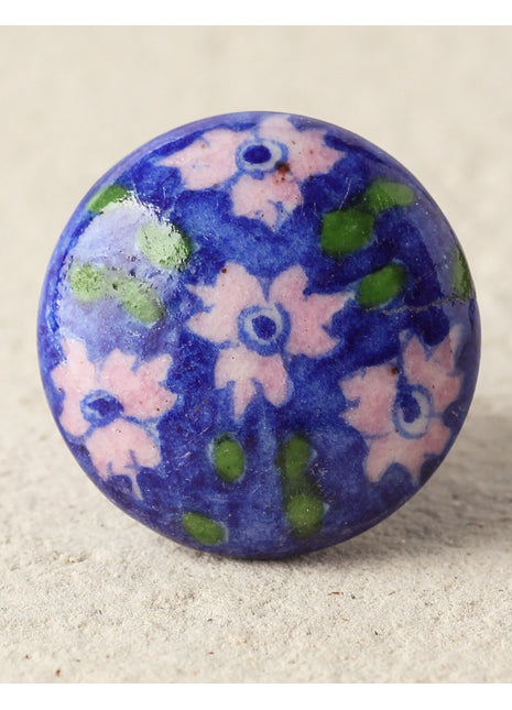 Pink Flower On Blue Base Ceramic Blue Pottery Kitchen Cabinet Knob