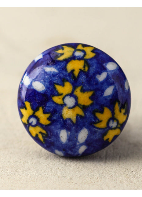 Handmade Small Yellow Flowers On Blue Ceramic Kitchen Cabinet Knob