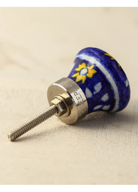 Handmade Small Yellow Flowers On Blue Ceramic Kitchen Cabinet Knob