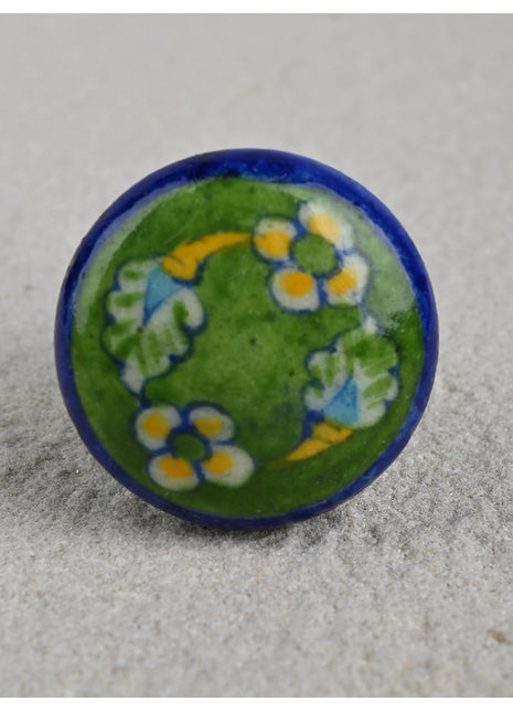 Small Yellow Flowers On Green Ceramic Kitchen Cabinet Knob