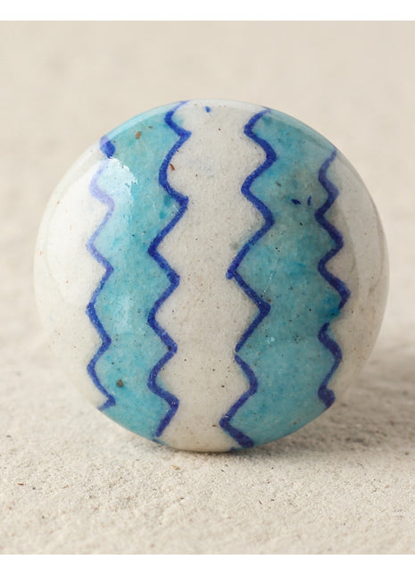 Zigzag White And Turquoise Ceramic Blue Pottery Drawer Knob