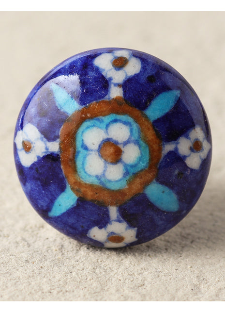 Blue Ceramic Blue Pottery Dresser Cabinet Knob With Multicolor Print