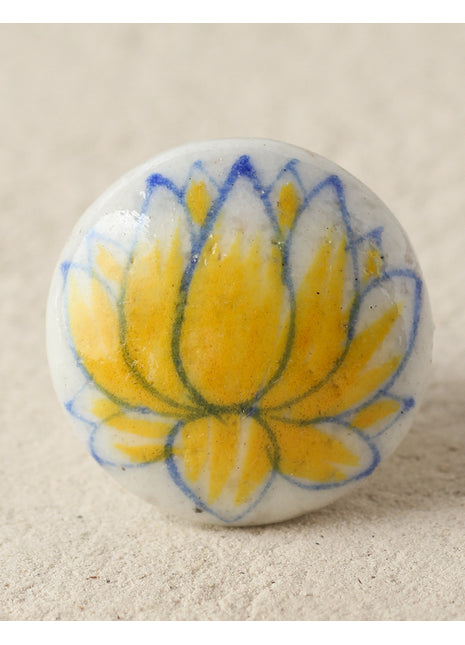 White Ceramic Blue Pottery Dresser Cabinet Knob With Yellow Lotus Flower