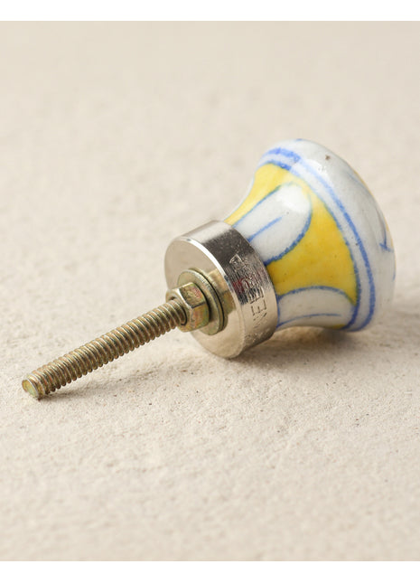 White Ceramic Blue Pottery Dresser Cabinet Knob With Yellow Lotus Flower