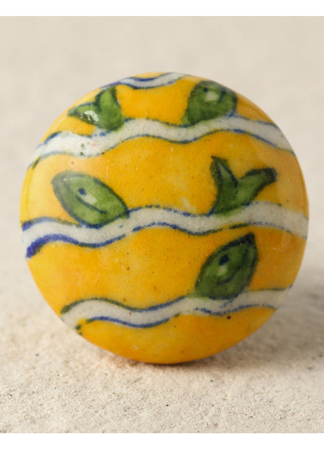 Elegant Yellow Ceramic Blue Pottery Door Knob With Green Petals