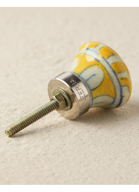 Elegant Yellow Ceramic Blue Pottery Door Knob With Green Petals