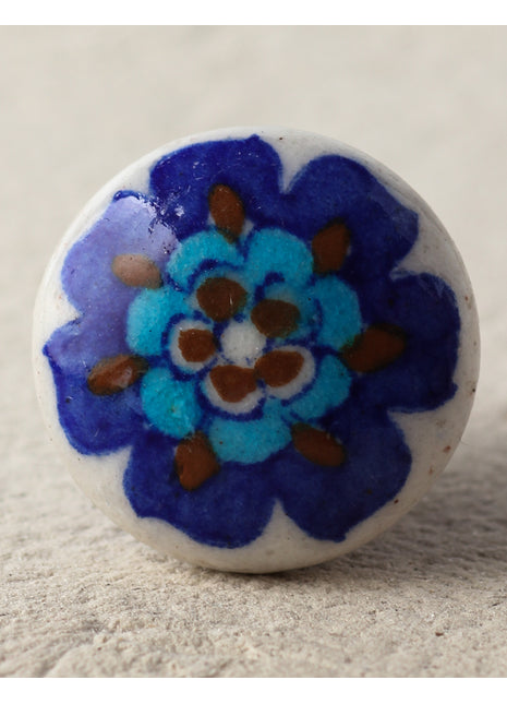 Stylish White Ceramic Blue Pottery Door Knob With Blue And Turquoise Flower