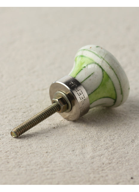 Handmade White Ceramic Blue Pottery Drawer Knob With Green Flower