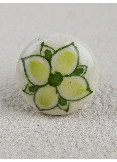 Handmade White Ceramic Blue Pottery Drawer Knob With Green Flower