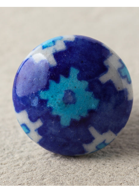 Antique Blue Ceramic Blue Pottery Door Knob With White And Turquoise Print
