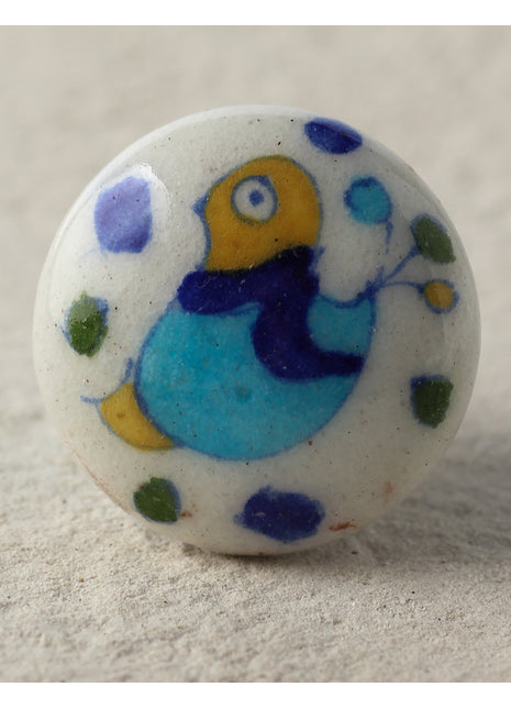 White Base Ceramic Blue Pottery Knob With Hand Painted Bird