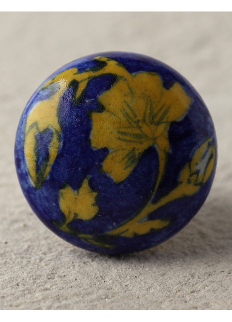 Blue Ceramic Blue Pottery Drawer Knob With Yellow Flower