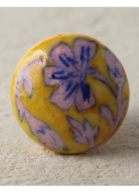 Handmade Pink Floral Print On Yellow Ceramic Blue Pottery Drawer Knob