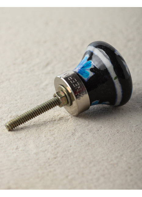 Handmade Paisley Flower On Black Ceramic Blue Pottery Drawer Knob