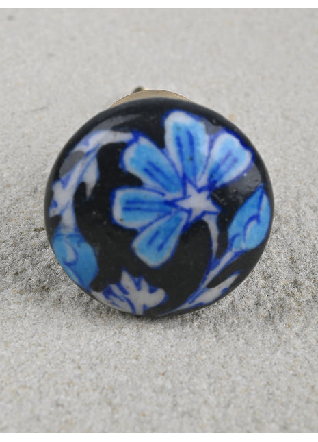 Handmade Paisley Flower On Black Ceramic Blue Pottery Drawer Knob
