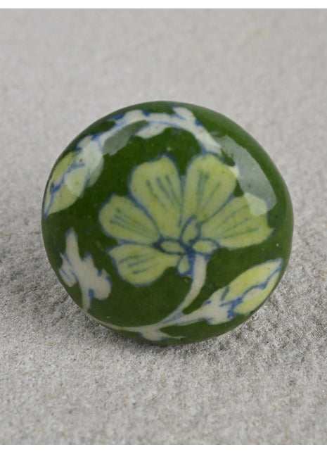 Handmade Light Green Flower On Green Ceramic Blue Pottery Door Knob