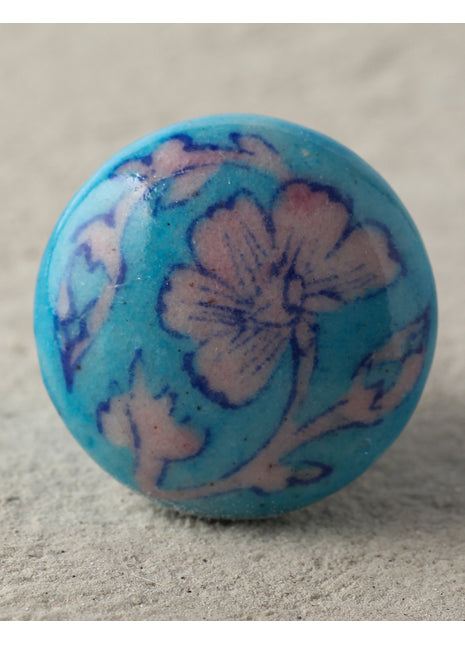 Handmade Pink Flower On Turquoise Ceramic Blue Pottery Drawer Knob