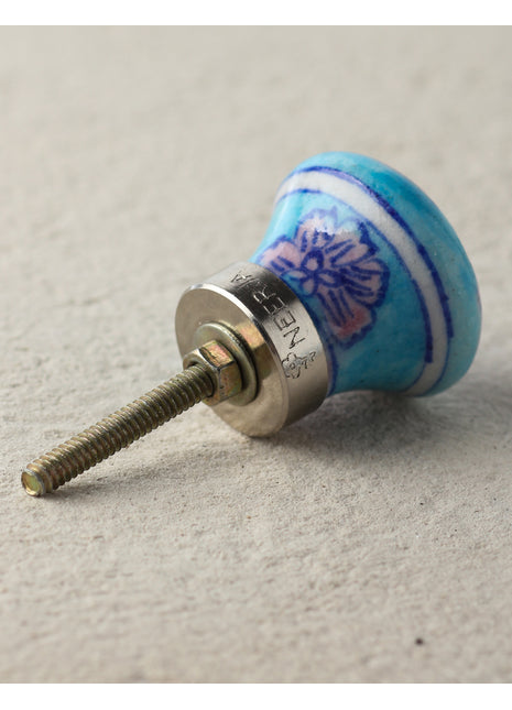 Handmade Pink Flower On Turquoise Ceramic Blue Pottery Drawer Knob