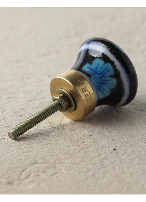 Turquoise Flower On Black Ceramic Blue Pottery Dresser Cabinet Knob