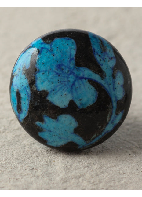 Turquoise Flower On Black Ceramic Blue Pottery Dresser Cabinet Knob