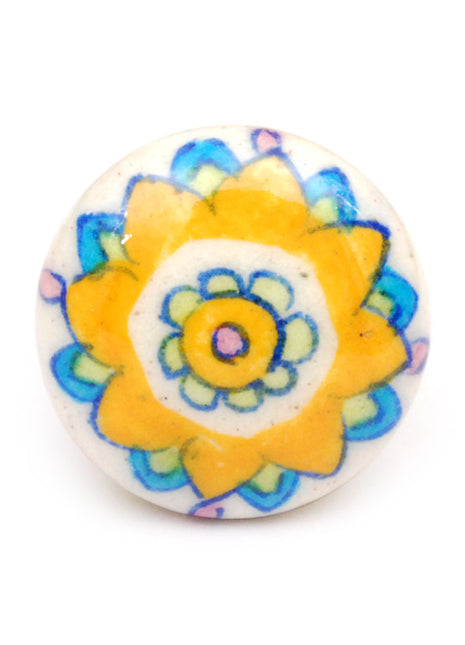 Vintage Yellow And Turquoise Flower On White Ceramic Kitchen Cabinet Knob