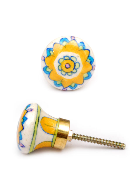 Vintage Yellow And Turquoise Flower On White Ceramic Kitchen Cabinet Knob